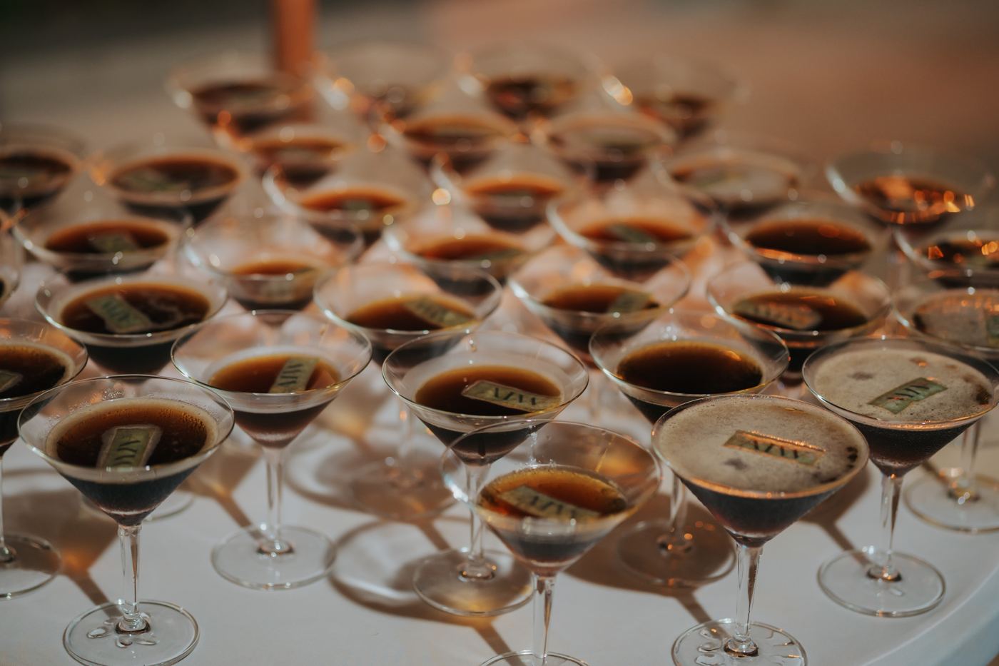 Rows of espresso martinis ready for guests