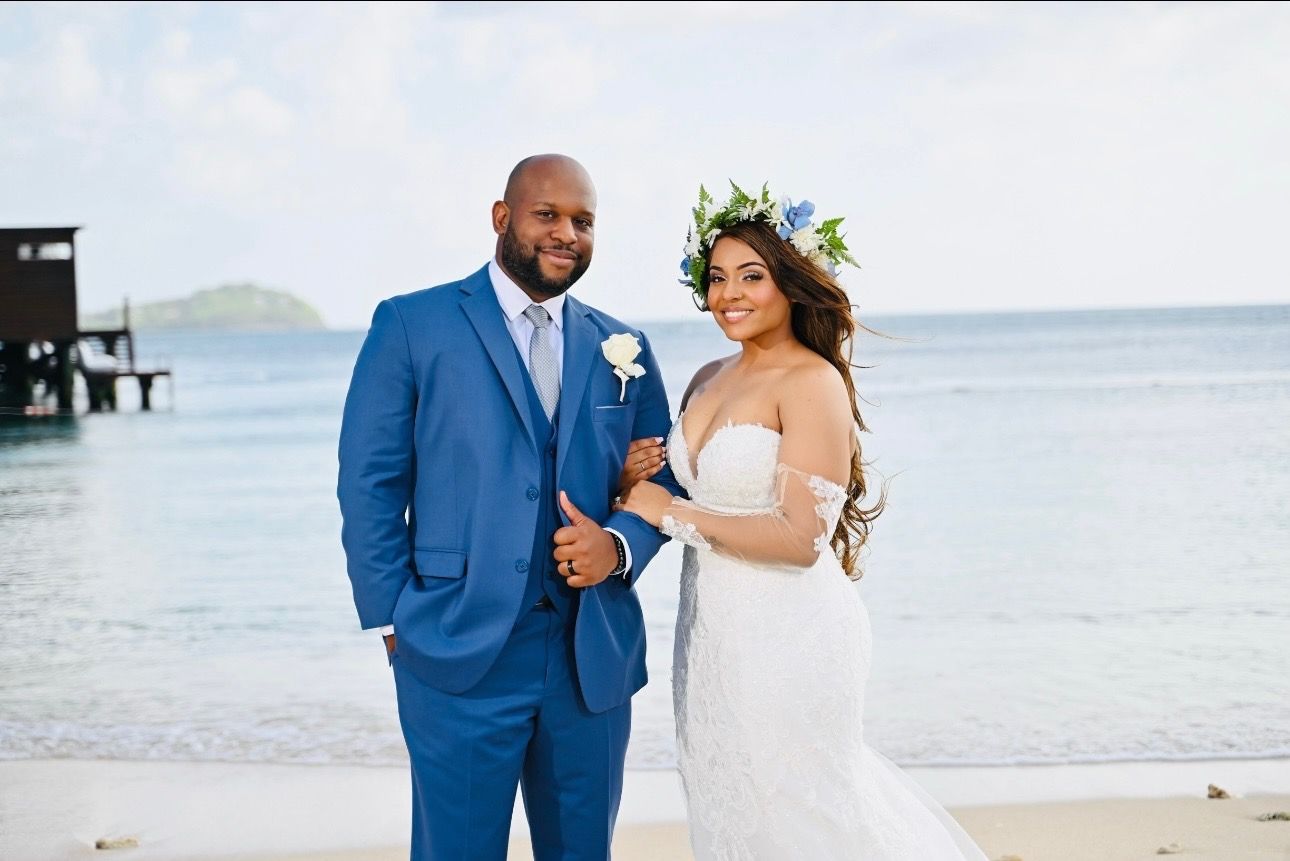 Bride and groom on the beach in St. Lucia